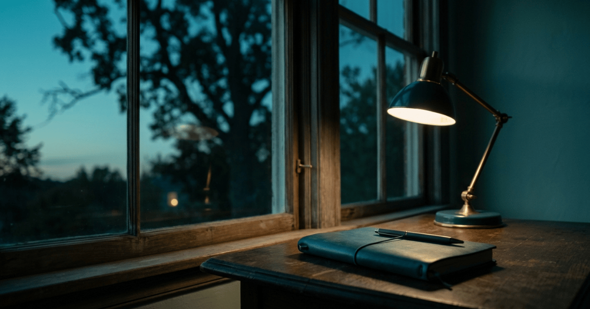 A closed notebook and pen rest on a desk beside a lit lamp, a large window showing trees and a darkening evening sky outside.